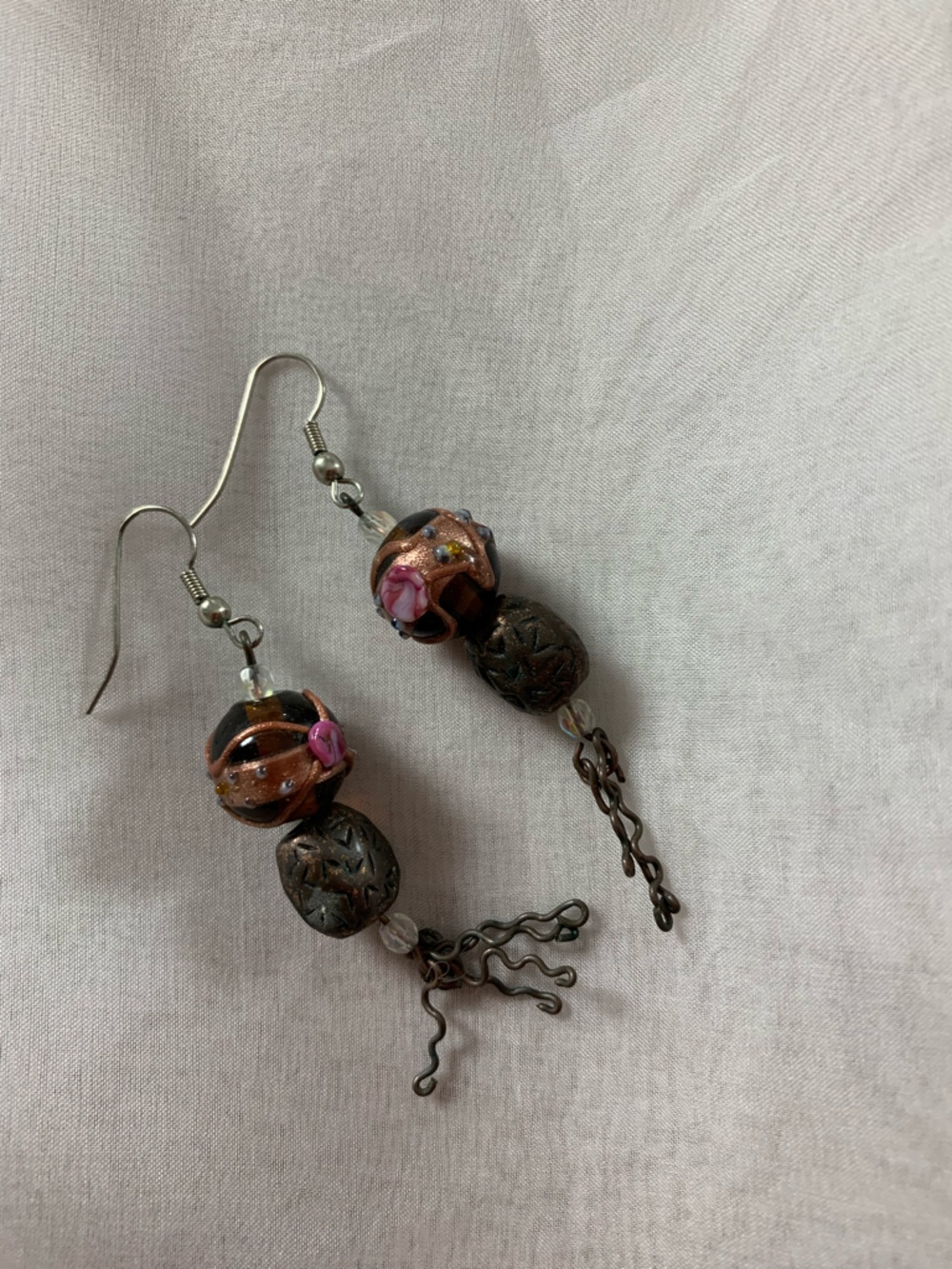 Handcrafted Copper and Pink Glass Bead Dangle Earrings